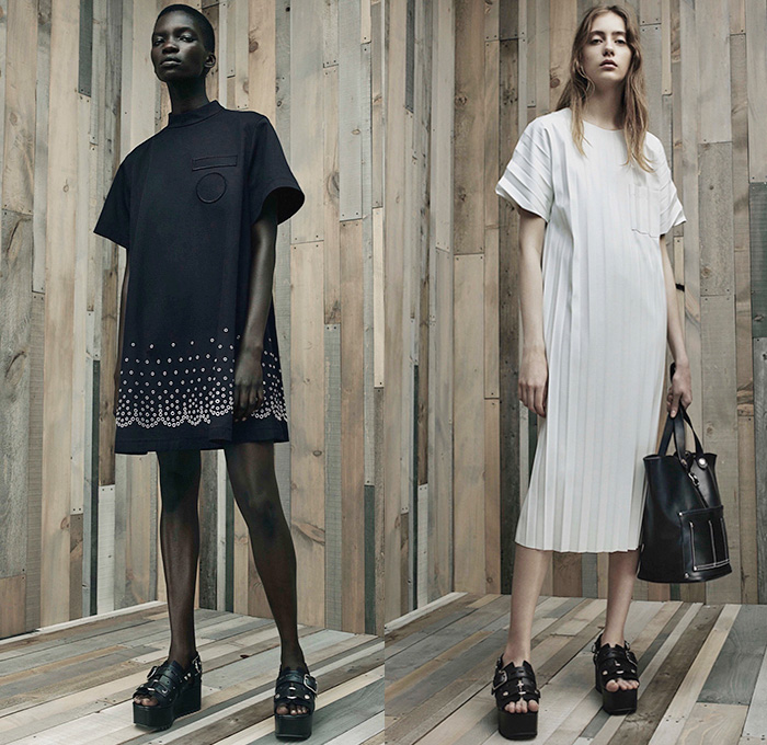 Alexander Wang 2016 Resort Cruise Pre-Spring Womens Lookbook Presentation - Denim Jeans Flare Cropped Pants Sleeveless Leather Belt Zipper Crop Top Midriff D-Ring Wide Leg Wide Trousers Palazzo Pants Sweatshirt Lace Noodle Spaghetti Strap Knit Sweater Jumper Perforated Skirt Frock Shirtparka Shorts Cargo Pockets Shirtdress Accordion Pleats Dress Sandals Wrap Outerwear Blazer