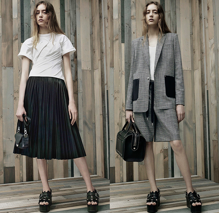 Alexander Wang 2016 Resort Cruise Pre-Spring Womens Lookbook Presentation - Denim Jeans Flare Cropped Pants Sleeveless Leather Belt Zipper Crop Top Midriff D-Ring Wide Leg Wide Trousers Palazzo Pants Sweatshirt Lace Noodle Spaghetti Strap Knit Sweater Jumper Perforated Skirt Frock Shirtparka Shorts Cargo Pockets Shirtdress Accordion Pleats Dress Sandals Wrap Outerwear Blazer