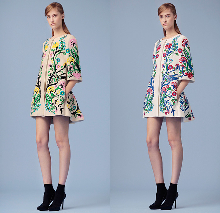 Andrew Gn Paris 2016 Resort Cruise Pre-Spring Womens Lookbook Presentation - Persian Garden Hyacinths Marigold Tulips Digitalis Carnation Flowers Floral Botanical Print Graphic Pattern Motif Fauna Leaves Foliage Shift Dress Gown Eveningwear Embroidery 3D Embellishments Adornments Bedazzled Sequins Sheer Chiffon Tulle Lace Coatdress Sleeveless Knit Dots Blouse Long Sleeve Tunic Shorts Poodle Circle Skirt