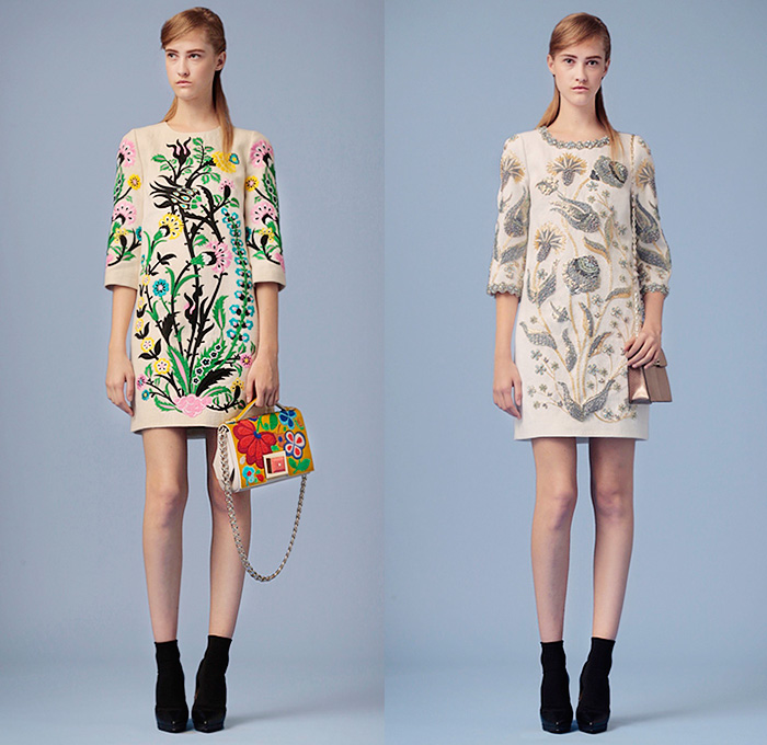 Andrew Gn Paris 2016 Resort Cruise Pre-Spring Womens Lookbook Presentation - Persian Garden Hyacinths Marigold Tulips Digitalis Carnation Flowers Floral Botanical Print Graphic Pattern Motif Fauna Leaves Foliage Shift Dress Gown Eveningwear Embroidery 3D Embellishments Adornments Bedazzled Sequins Sheer Chiffon Tulle Lace Coatdress Sleeveless Knit Dots Blouse Long Sleeve Tunic Shorts Poodle Circle Skirt