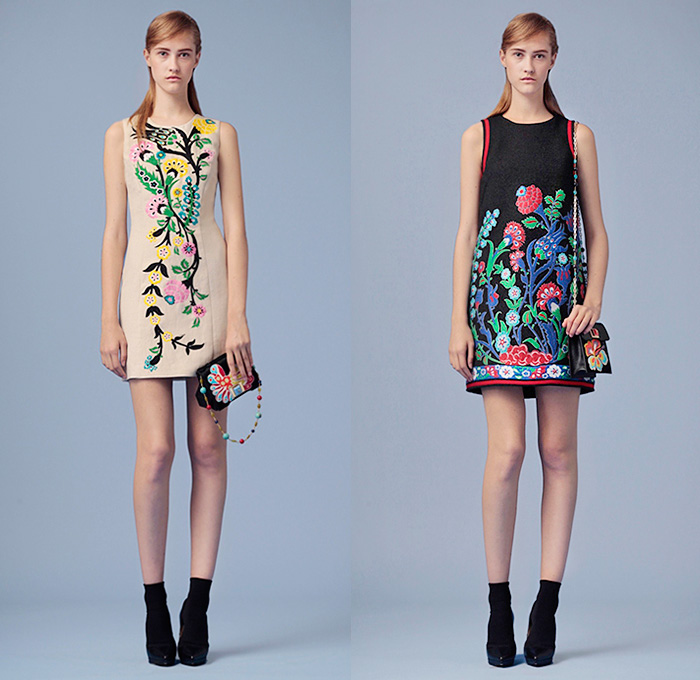 Andrew Gn Paris 2016 Resort Cruise Pre-Spring Womens Lookbook Presentation - Persian Garden Hyacinths Marigold Tulips Digitalis Carnation Flowers Floral Botanical Print Graphic Pattern Motif Fauna Leaves Foliage Shift Dress Gown Eveningwear Embroidery 3D Embellishments Adornments Bedazzled Sequins Sheer Chiffon Tulle Lace Coatdress Sleeveless Knit Dots Blouse Long Sleeve Tunic Shorts Poodle Circle Skirt