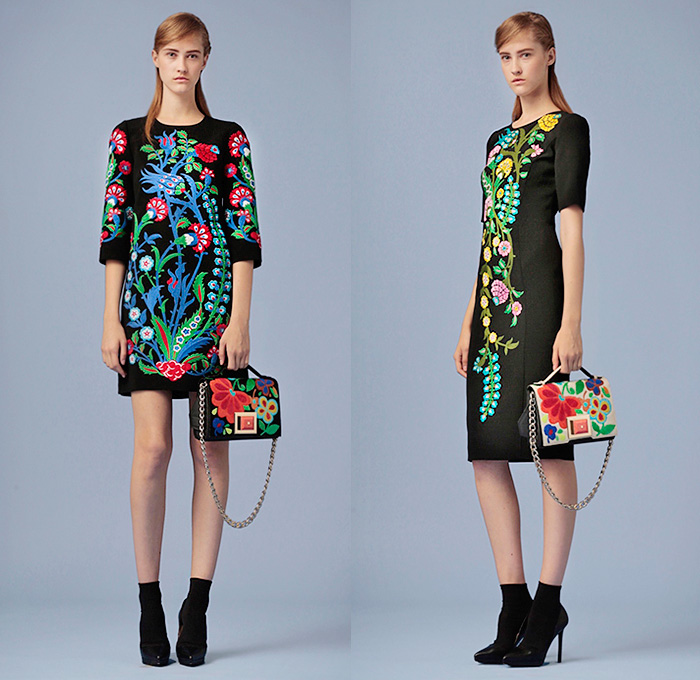 Andrew Gn Paris 2016 Resort Cruise Pre-Spring Womens Lookbook Presentation - Persian Garden Hyacinths Marigold Tulips Digitalis Carnation Flowers Floral Botanical Print Graphic Pattern Motif Fauna Leaves Foliage Shift Dress Gown Eveningwear Embroidery 3D Embellishments Adornments Bedazzled Sequins Sheer Chiffon Tulle Lace Coatdress Sleeveless Knit Dots Blouse Long Sleeve Tunic Shorts Poodle Circle Skirt