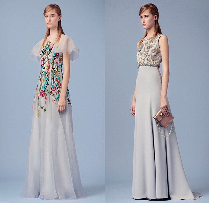 Andrew Gn Paris 2016 Resort Cruise Pre-Spring Womens Lookbook Presentation - Persian Garden Hyacinths Marigold Tulips Digitalis Carnation Flowers Floral Botanical Print Graphic Pattern Motif Fauna Leaves Foliage Shift Dress Gown Eveningwear Embroidery 3D Embellishments Adornments Bedazzled Sequins Sheer Chiffon Tulle Lace Coatdress Sleeveless Knit Dots Blouse Long Sleeve Tunic Shorts Poodle Circle Skirt