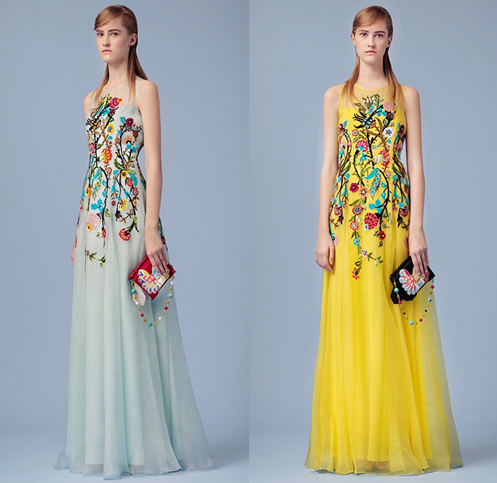 Andrew Gn Paris 2016 Resort Cruise Pre-Spring Womens Lookbook Presentation - Persian Garden Hyacinths Marigold Tulips Digitalis Carnation Flowers Floral Botanical Print Graphic Pattern Motif Fauna Leaves Foliage Shift Dress Gown Eveningwear Embroidery 3D Embellishments Adornments Bedazzled Sequins Sheer Chiffon Tulle Lace Coatdress Sleeveless Knit Dots Blouse Long Sleeve Tunic Shorts Poodle Circle Skirt
