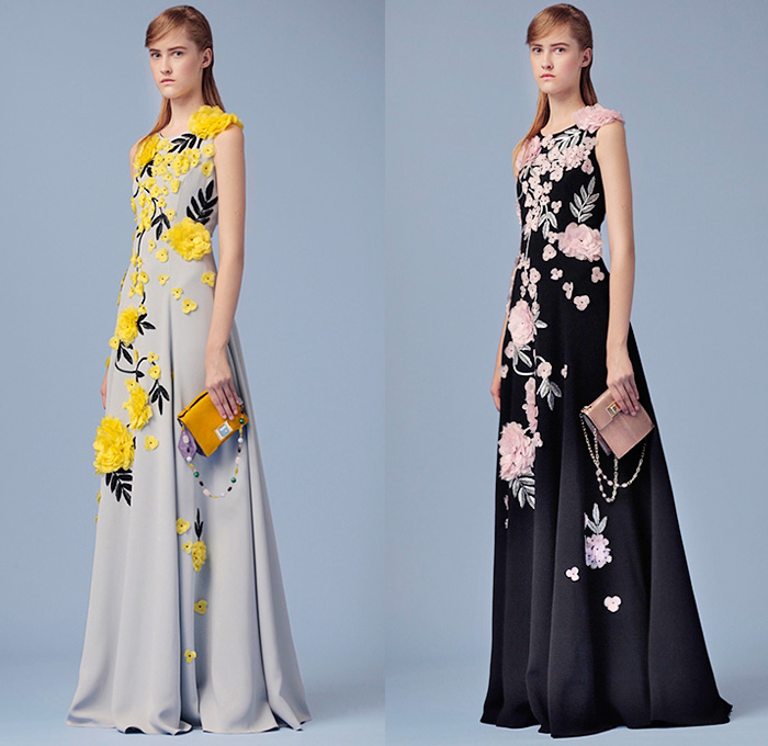 Andrew Gn Paris 2016 Resort Cruise Pre-Spring Womens Lookbook Presentation - Persian Garden Hyacinths Marigold Tulips Digitalis Carnation Flowers Floral Botanical Print Graphic Pattern Motif Fauna Leaves Foliage Shift Dress Gown Eveningwear Embroidery 3D Embellishments Adornments Bedazzled Sequins Sheer Chiffon Tulle Lace Coatdress Sleeveless Knit Dots Blouse Long Sleeve Tunic Shorts Poodle Circle Skirt