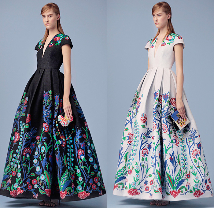 Andrew Gn Paris 2016 Resort Cruise Pre-Spring Womens Lookbook Presentation - Persian Garden Hyacinths Marigold Tulips Digitalis Carnation Flowers Floral Botanical Print Graphic Pattern Motif Fauna Leaves Foliage Shift Dress Gown Eveningwear Embroidery 3D Embellishments Adornments Bedazzled Sequins Sheer Chiffon Tulle Lace Coatdress Sleeveless Knit Dots Blouse Long Sleeve Tunic Shorts Poodle Circle Skirt