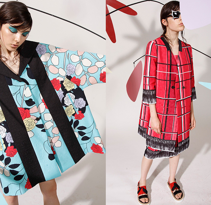 Antonio Marras 2016 Resort Cruise Pre-Spring Womens Lookbook Presentation - Stripes Oversized Outerwear Coat Jacket Blazer Vest Waistcoat Embroidery 3D Embellishments Adornments Jewels Bedazzled Flowers Florals Botanical Print Graphic Pattern Motif Fauna Leaves Foliage Pants Trousers Flats Illustration Dress Skirt Frock Handkerchief Hem Bell Sleeves Ruffles Plaid Windowpane Check Jacquard Accordion Pleats 