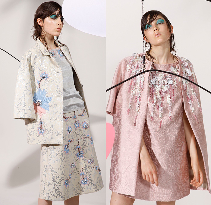 Antonio Marras 2016 Resort Cruise Pre-Spring Womens Lookbook Presentation - Stripes Oversized Outerwear Coat Jacket Blazer Vest Waistcoat Embroidery 3D Embellishments Adornments Jewels Bedazzled Flowers Florals Botanical Print Graphic Pattern Motif Fauna Leaves Foliage Pants Trousers Flats Illustration Dress Skirt Frock Handkerchief Hem Bell Sleeves Ruffles Plaid Windowpane Check Jacquard Accordion Pleats 