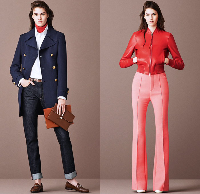 Bally of Switzerland 2016 Resort Cruise Pre-Spring Womens Lookbook Presentation - Denim Jeans Buckskin Gamine Suede Calf Suede Blouse Turtleneck Knit Sweater Loafers Bomber Jacket Wide Leg Trousers Palazzo Pants Moto Motorcycle Biker Leather Stripes Leaves Foliage Motif Crop Top Midriff Outerwear Coat Double-Breasted Shirtdress Fringes Skirt Frock Panels Shift A-line Dress Handbag