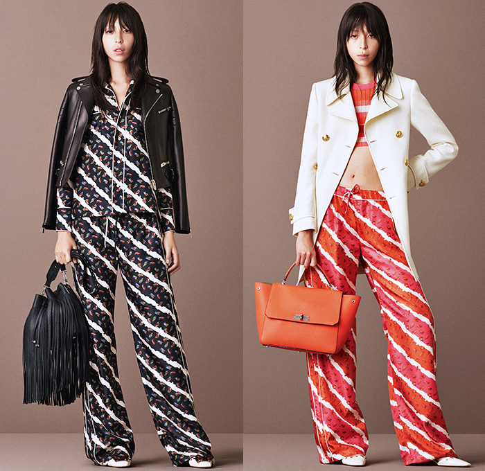 Bally of Switzerland 2016 Resort Cruise Pre-Spring Womens Lookbook Presentation - Denim Jeans Buckskin Gamine Suede Calf Suede Blouse Turtleneck Knit Sweater Loafers Bomber Jacket Wide Leg Trousers Palazzo Pants Moto Motorcycle Biker Leather Stripes Leaves Foliage Motif Crop Top Midriff Outerwear Coat Double-Breasted Shirtdress Fringes Skirt Frock Panels Shift A-line Dress Handbag