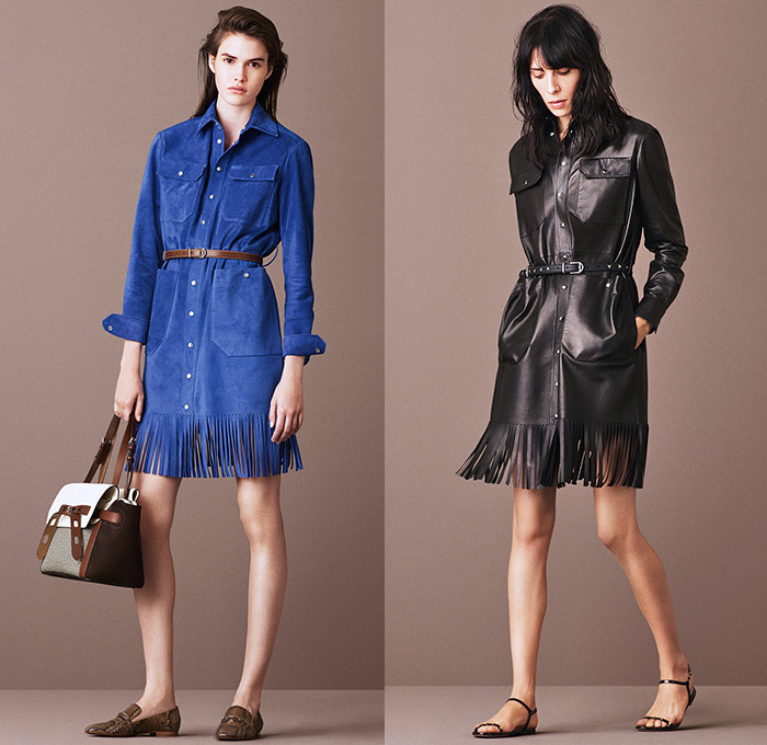 Bally of Switzerland 2016 Resort Cruise Pre-Spring Womens Lookbook Presentation - Denim Jeans Buckskin Gamine Suede Calf Suede Blouse Turtleneck Knit Sweater Loafers Bomber Jacket Wide Leg Trousers Palazzo Pants Moto Motorcycle Biker Leather Stripes Leaves Foliage Motif Crop Top Midriff Outerwear Coat Double-Breasted Shirtdress Fringes Skirt Frock Panels Shift A-line Dress Handbag