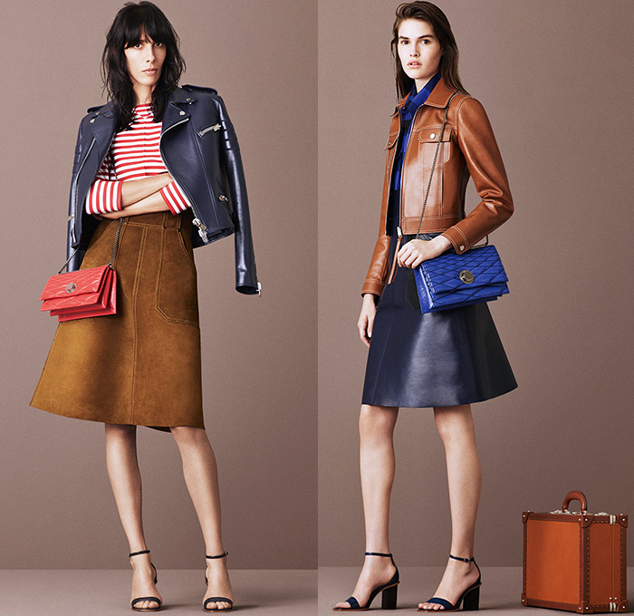 Bally of Switzerland 2016 Resort Cruise Pre-Spring Womens Lookbook Presentation - Denim Jeans Buckskin Gamine Suede Calf Suede Blouse Turtleneck Knit Sweater Loafers Bomber Jacket Wide Leg Trousers Palazzo Pants Moto Motorcycle Biker Leather Stripes Leaves Foliage Motif Crop Top Midriff Outerwear Coat Double-Breasted Shirtdress Fringes Skirt Frock Panels Shift A-line Dress Handbag