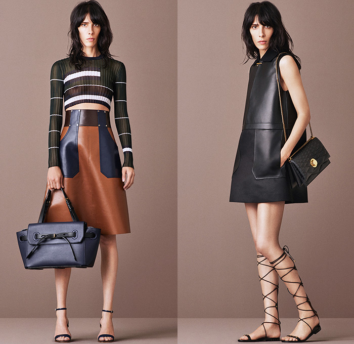 Bally of Switzerland 2016 Resort Cruise Pre-Spring Womens Lookbook Presentation - Denim Jeans Buckskin Gamine Suede Calf Suede Blouse Turtleneck Knit Sweater Loafers Bomber Jacket Wide Leg Trousers Palazzo Pants Moto Motorcycle Biker Leather Stripes Leaves Foliage Motif Crop Top Midriff Outerwear Coat Double-Breasted Shirtdress Fringes Skirt Frock Panels Shift A-line Dress Handbag