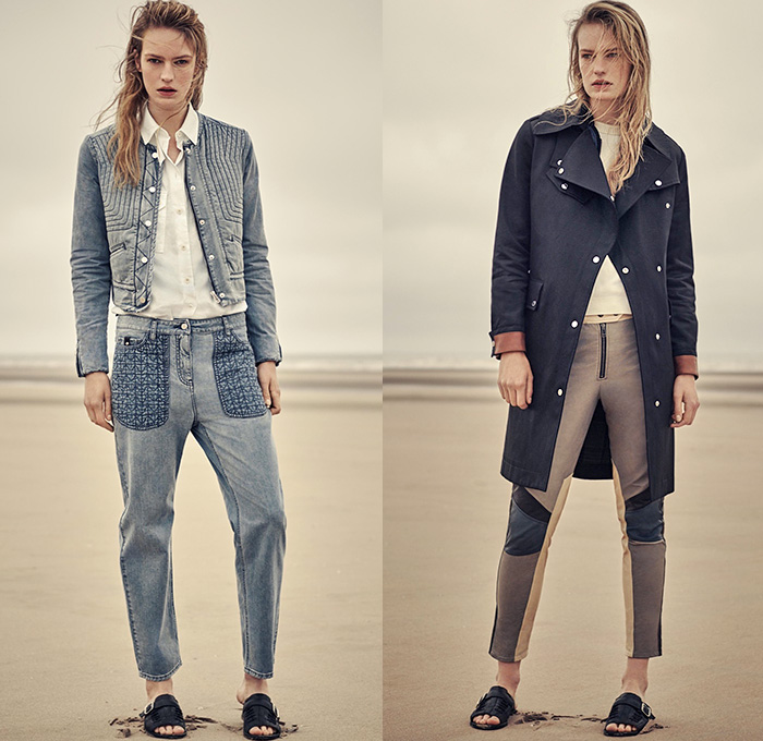 Belstaff England 2016 Resort Cruise Pre-Spring Womens Lookbook Presentation - Denim Jeans Quilted Waffle Sandals Outerwear Trench Coat Parka Anorak Hoodie Zipper Knee Panels Cargo Utility Pockets Ribbed Knit Sweater Boots Jogger Sweatpants Blouse Wide Leg Culottes Gauchos Vest Waistcoat Pants Trousers Straps Shirtdress Dovetail Mullet Hem Lace Up Miniskirt Dress Motorcycle Biker Leather