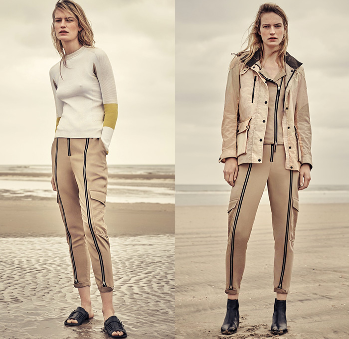 Belstaff England 2016 Resort Cruise Pre-Spring Womens Lookbook Presentation - Denim Jeans Quilted Waffle Sandals Outerwear Trench Coat Parka Anorak Hoodie Zipper Knee Panels Cargo Utility Pockets Ribbed Knit Sweater Boots Jogger Sweatpants Blouse Wide Leg Culottes Gauchos Vest Waistcoat Pants Trousers Straps Shirtdress Dovetail Mullet Hem Lace Up Miniskirt Dress Motorcycle Biker Leather