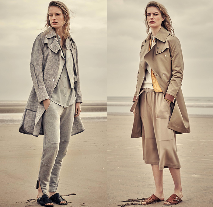 Belstaff England 2016 Resort Cruise Pre-Spring Womens Lookbook Presentation - Denim Jeans Quilted Waffle Sandals Outerwear Trench Coat Parka Anorak Hoodie Zipper Knee Panels Cargo Utility Pockets Ribbed Knit Sweater Boots Jogger Sweatpants Blouse Wide Leg Culottes Gauchos Vest Waistcoat Pants Trousers Straps Shirtdress Dovetail Mullet Hem Lace Up Miniskirt Dress Motorcycle Biker Leather