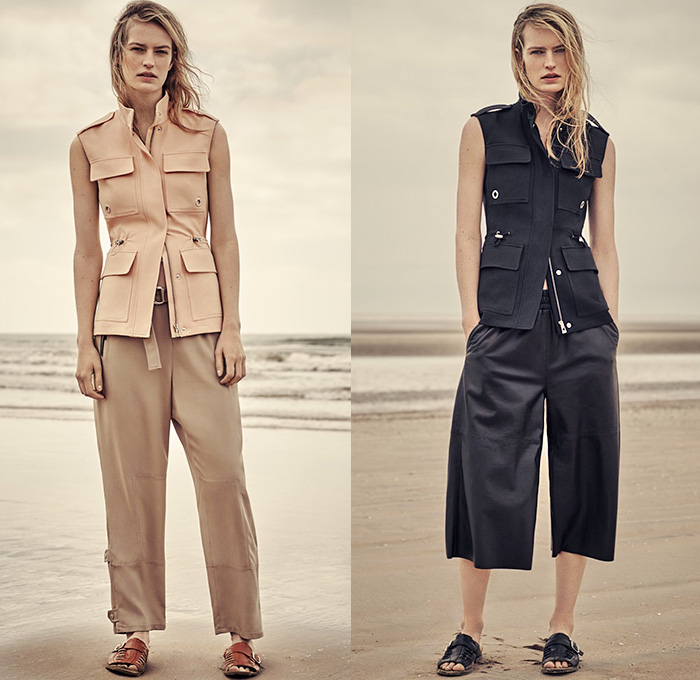 Belstaff England 2016 Resort Cruise Pre-Spring Womens Lookbook Presentation - Denim Jeans Quilted Waffle Sandals Outerwear Trench Coat Parka Anorak Hoodie Zipper Knee Panels Cargo Utility Pockets Ribbed Knit Sweater Boots Jogger Sweatpants Blouse Wide Leg Culottes Gauchos Vest Waistcoat Pants Trousers Straps Shirtdress Dovetail Mullet Hem Lace Up Miniskirt Dress Motorcycle Biker Leather