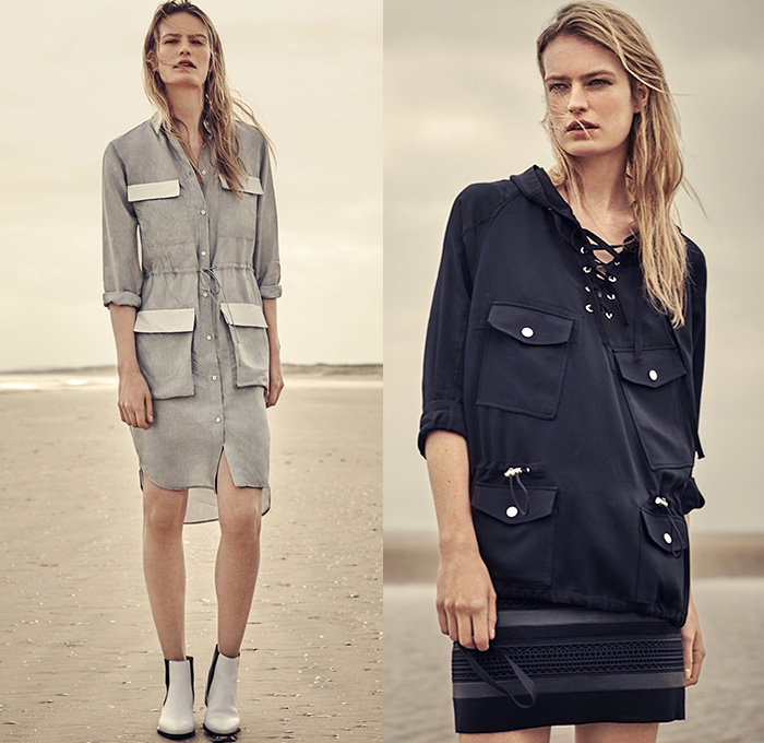 Belstaff England 2016 Resort Cruise Pre-Spring Womens Lookbook Presentation - Denim Jeans Quilted Waffle Sandals Outerwear Trench Coat Parka Anorak Hoodie Zipper Knee Panels Cargo Utility Pockets Ribbed Knit Sweater Boots Jogger Sweatpants Blouse Wide Leg Culottes Gauchos Vest Waistcoat Pants Trousers Straps Shirtdress Dovetail Mullet Hem Lace Up Miniskirt Dress Motorcycle Biker Leather