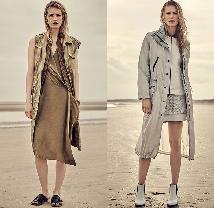 Belstaff England 2016 Resort Cruise Pre-Spring Womens Lookbook Presentation - Denim Jeans Quilted Waffle Sandals Outerwear Trench Coat Parka Anorak Hoodie Zipper Knee Panels Cargo Utility Pockets Ribbed Knit Sweater Boots Jogger Sweatpants Blouse Wide Leg Culottes Gauchos Vest Waistcoat Pants Trousers Straps Shirtdress Dovetail Mullet Hem Lace Up Miniskirt Dress Motorcycle Biker Leather