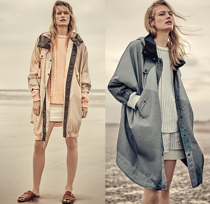 Belstaff England 2016 Resort Cruise Pre-Spring Womens Lookbook Presentation - Denim Jeans Quilted Waffle Sandals Outerwear Trench Coat Parka Anorak Hoodie Zipper Knee Panels Cargo Utility Pockets Ribbed Knit Sweater Boots Jogger Sweatpants Blouse Wide Leg Culottes Gauchos Vest Waistcoat Pants Trousers Straps Shirtdress Dovetail Mullet Hem Lace Up Miniskirt Dress Motorcycle Biker Leather