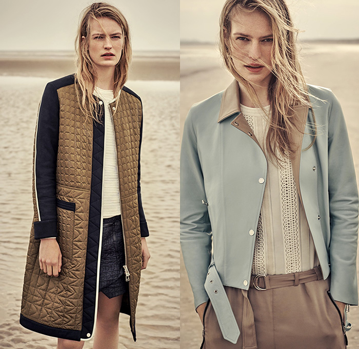 Belstaff England 2016 Resort Cruise Pre-Spring Womens Lookbook Presentation - Denim Jeans Quilted Waffle Sandals Outerwear Trench Coat Parka Anorak Hoodie Zipper Knee Panels Cargo Utility Pockets Ribbed Knit Sweater Boots Jogger Sweatpants Blouse Wide Leg Culottes Gauchos Vest Waistcoat Pants Trousers Straps Shirtdress Dovetail Mullet Hem Lace Up Miniskirt Dress Motorcycle Biker Leather