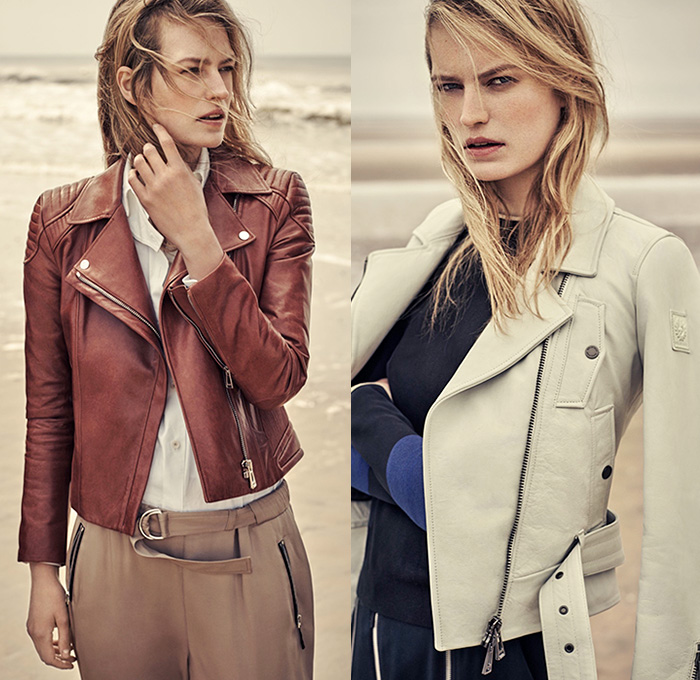 Belstaff England 2016 Resort Cruise Pre-Spring Womens Lookbook Presentation - Denim Jeans Quilted Waffle Sandals Outerwear Trench Coat Parka Anorak Hoodie Zipper Knee Panels Cargo Utility Pockets Ribbed Knit Sweater Boots Jogger Sweatpants Blouse Wide Leg Culottes Gauchos Vest Waistcoat Pants Trousers Straps Shirtdress Dovetail Mullet Hem Lace Up Miniskirt Dress Motorcycle Biker Leather