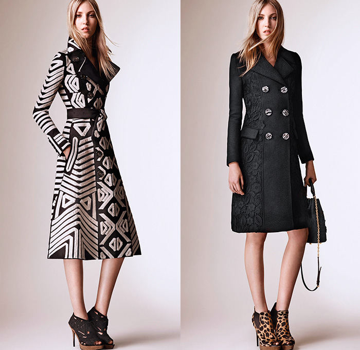Burberry Prorsum 2016 Resort Cruise Pre-Spring Womens Lookbook Presentation - Frayed Fringes Outerwear Trench Coat Coatdress Stripes Sheer Chiffon Mesh Chantilly Macramé Lace Dress Gown Ornamental Print Decorative Art Cape Cloak Poncho Ruffles Feathers Embroidery