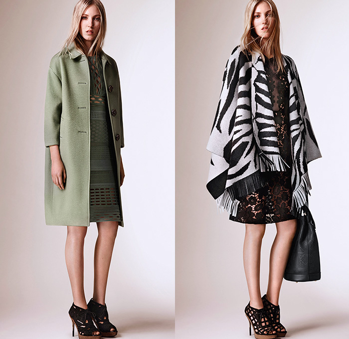 Burberry Prorsum 2016 Resort Cruise Pre-Spring Womens Lookbook Presentation - Frayed Fringes Outerwear Trench Coat Coatdress Stripes Sheer Chiffon Mesh Chantilly Macramé Lace Dress Gown Ornamental Print Decorative Art Cape Cloak Poncho Ruffles Feathers Embroidery