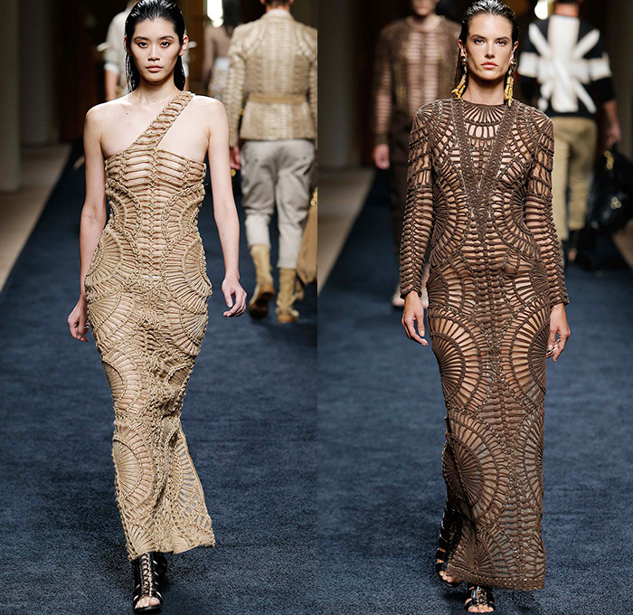 Balmain 2016 Resort Cruise Pre-Spring Womens Runway Catwalk Looks Collection Designer Olivier Rousteing - Safari Desert Mesh Lace Up Grommets Gold Viscose Knit Gown Dress Belted Waist One Shoulder Maxi Dress Cargo Utility Pockets Silk Ribbed Sweater Jumper Embroidery 3D Adornments Bedazzled Halter Top Motorcycle Biker Leather Outerwear Jacket Miniskirt Basketweave Ruffles Tiered Sheer Chiffon