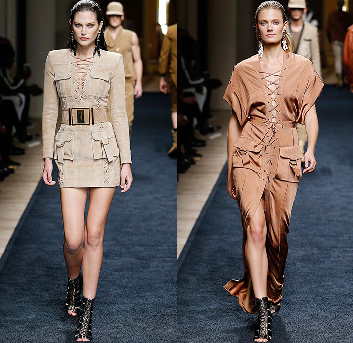 Balmain 2016 Resort Cruise Pre-Spring Womens Runway Catwalk Looks Collection Designer Olivier Rousteing - Safari Desert Mesh Lace Up Grommets Gold Viscose Knit Gown Dress Belted Waist One Shoulder Maxi Dress Cargo Utility Pockets Silk Ribbed Sweater Jumper Embroidery 3D Adornments Bedazzled Halter Top Motorcycle Biker Leather Outerwear Jacket Miniskirt Basketweave Ruffles Tiered Sheer Chiffon