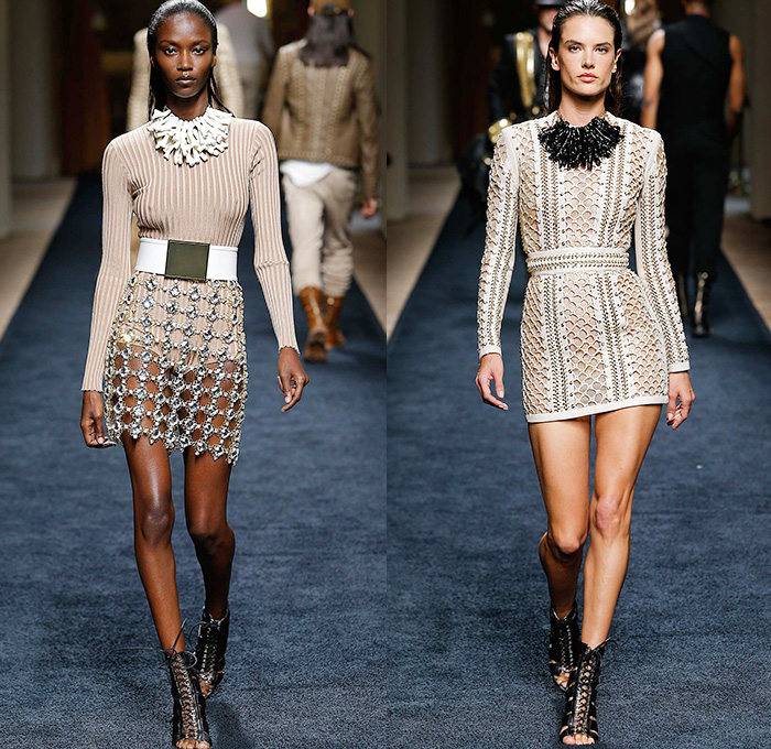 Balmain 2016 Resort Cruise Pre-Spring Womens Runway Catwalk Looks Collection Designer Olivier Rousteing - Safari Desert Mesh Lace Up Grommets Gold Viscose Knit Gown Dress Belted Waist One Shoulder Maxi Dress Cargo Utility Pockets Silk Ribbed Sweater Jumper Embroidery 3D Adornments Bedazzled Halter Top Motorcycle Biker Leather Outerwear Jacket Miniskirt Basketweave Ruffles Tiered Sheer Chiffon