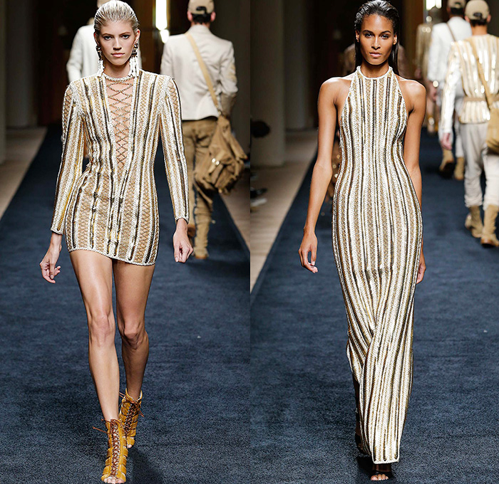 Balmain 2016 Resort Cruise Pre-Spring Womens Runway Catwalk Looks Collection Designer Olivier Rousteing - Safari Desert Mesh Lace Up Grommets Gold Viscose Knit Gown Dress Belted Waist One Shoulder Maxi Dress Cargo Utility Pockets Silk Ribbed Sweater Jumper Embroidery 3D Adornments Bedazzled Halter Top Motorcycle Biker Leather Outerwear Jacket Miniskirt Basketweave Ruffles Tiered Sheer Chiffon