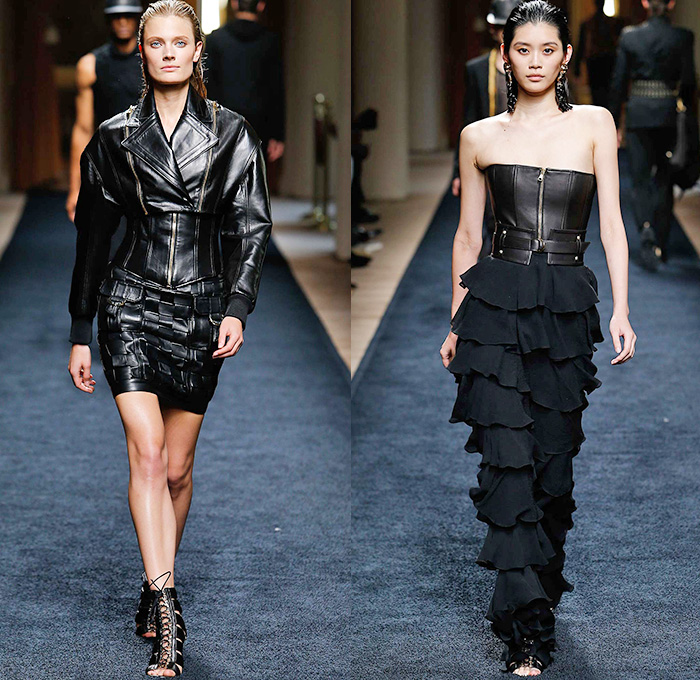 Balmain 2016 Resort Cruise Pre-Spring Womens Runway Catwalk Looks Collection Designer Olivier Rousteing - Safari Desert Mesh Lace Up Grommets Gold Viscose Knit Gown Dress Belted Waist One Shoulder Maxi Dress Cargo Utility Pockets Silk Ribbed Sweater Jumper Embroidery 3D Adornments Bedazzled Halter Top Motorcycle Biker Leather Outerwear Jacket Miniskirt Basketweave Ruffles Tiered Sheer Chiffon