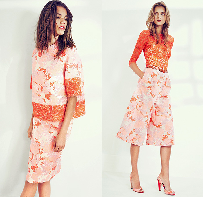 Carolina Herrera 2016 Resort Cruise Pre-Spring Womens Lookbook Presentation - Carnation Flowers Florals Feathers Jacquard Strapless Gown Eveningwear Motif Blouse Embroidery 3D Embellishments Adornments Bedazzled Handkerchief Hem Sheer Chiffon Lace Stripes Outerwear Jacket Wide Leg Trousers Palazzo Pants Culottes Gauchos Maxi Dress Midi Skirt