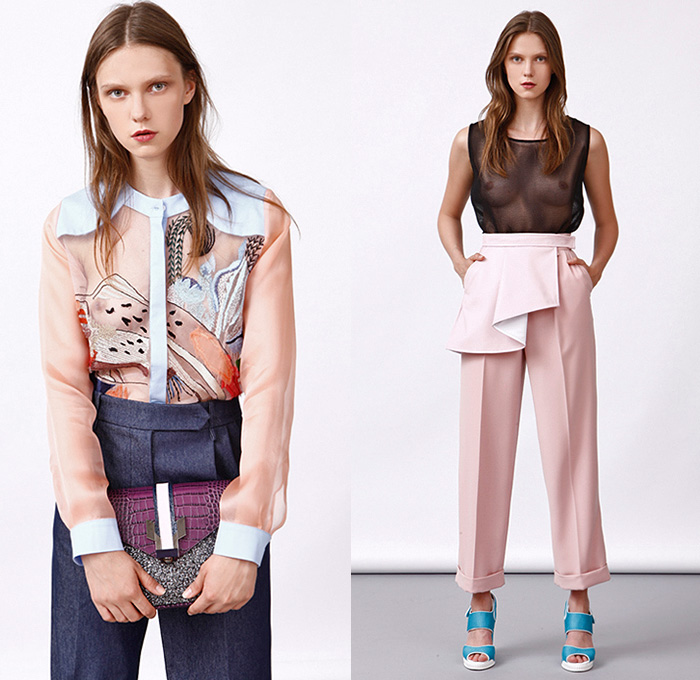 Co|te 2016 Resort Cruise Pre-Spring Womens Lookbook Presentation - Tomaso Anfossi and Francesco Ferrari - Denim Jeans 3D Flowers Florals Botanical Carp Fish Print Graphic Pattern Motif Blouse Sash Waist Sheer Chiffon Tulle Mesh Lace Lasercut Shirtdress Frock Steel Pattern Metal Sheet Sleeveless Embroidery Pants Trousers Outerwear Coat Jacket Pencil Skirt