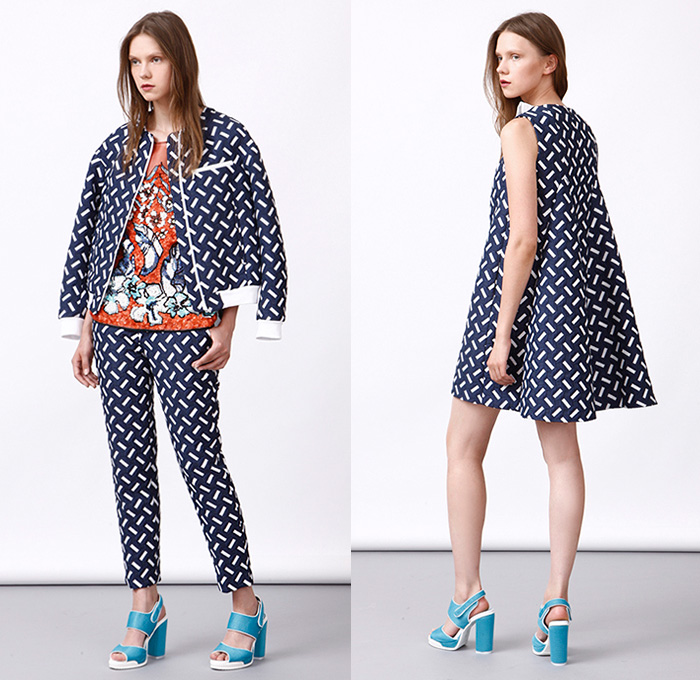 Co|te 2016 Resort Cruise Pre-Spring Womens Lookbook Presentation - Tomaso Anfossi and Francesco Ferrari - Denim Jeans 3D Flowers Florals Botanical Carp Fish Print Graphic Pattern Motif Blouse Sash Waist Sheer Chiffon Tulle Mesh Lace Lasercut Shirtdress Frock Steel Pattern Metal Sheet Sleeveless Embroidery Pants Trousers Outerwear Coat Jacket Pencil Skirt