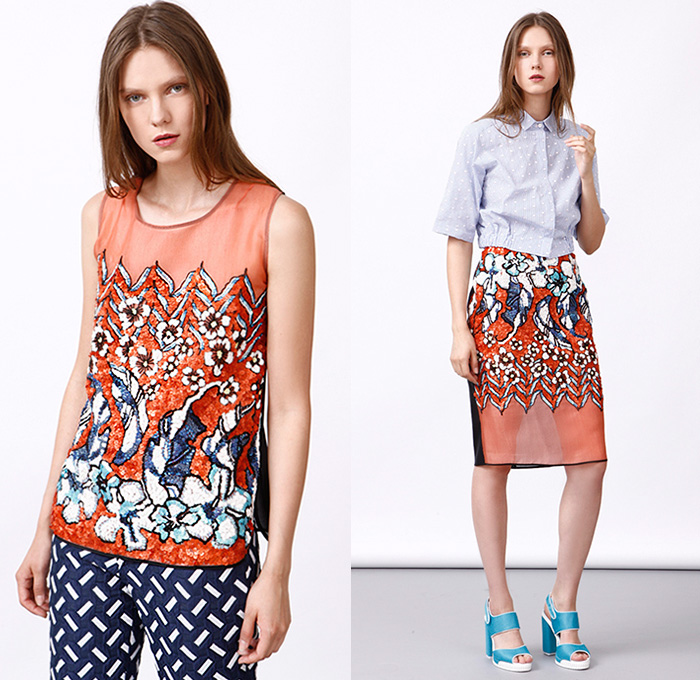 Co|te 2016 Resort Cruise Pre-Spring Womens Lookbook Presentation - Tomaso Anfossi and Francesco Ferrari - Denim Jeans 3D Flowers Florals Botanical Carp Fish Print Graphic Pattern Motif Blouse Sash Waist Sheer Chiffon Tulle Mesh Lace Lasercut Shirtdress Frock Steel Pattern Metal Sheet Sleeveless Embroidery Pants Trousers Outerwear Coat Jacket Pencil Skirt