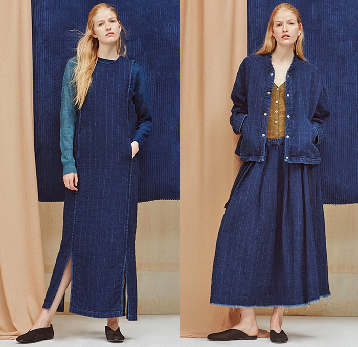 Creatures of Comfort 2016 Resort Cruise Pre-Spring Womens Lookbook Presentation - Denim Jeans Knit Sweater Jumper Stripes Pinstripe Dress Skirt Frock Raw Hem Outerwear Jacket Coat Wide Leg Trousers Palazzo Pants Blouse Strapless Ruffles Oversized Cardigan Tunic Loafers Multi-Panel Onesie Jumpsuit Coveralls