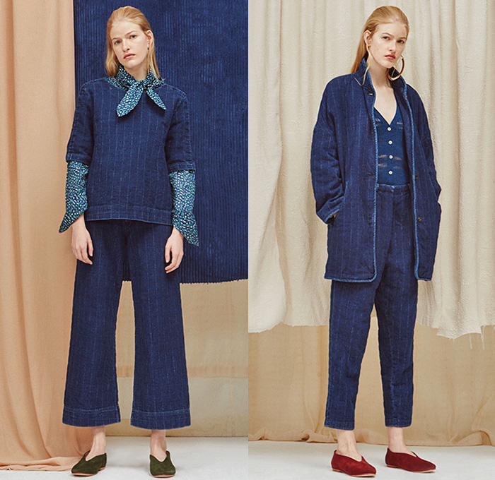 Creatures of Comfort 2016 Resort Cruise Pre-Spring Womens Lookbook Presentation - Denim Jeans Knit Sweater Jumper Stripes Pinstripe Dress Skirt Frock Raw Hem Outerwear Jacket Coat Wide Leg Trousers Palazzo Pants Blouse Strapless Ruffles Oversized Cardigan Tunic Loafers Multi-Panel Onesie Jumpsuit Coveralls