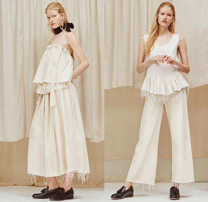 Creatures of Comfort 2016 Resort Cruise Pre-Spring Womens Lookbook Presentation - Denim Jeans Knit Sweater Jumper Stripes Pinstripe Dress Skirt Frock Raw Hem Outerwear Jacket Coat Wide Leg Trousers Palazzo Pants Blouse Strapless Ruffles Oversized Cardigan Tunic Loafers Multi-Panel Onesie Jumpsuit Coveralls