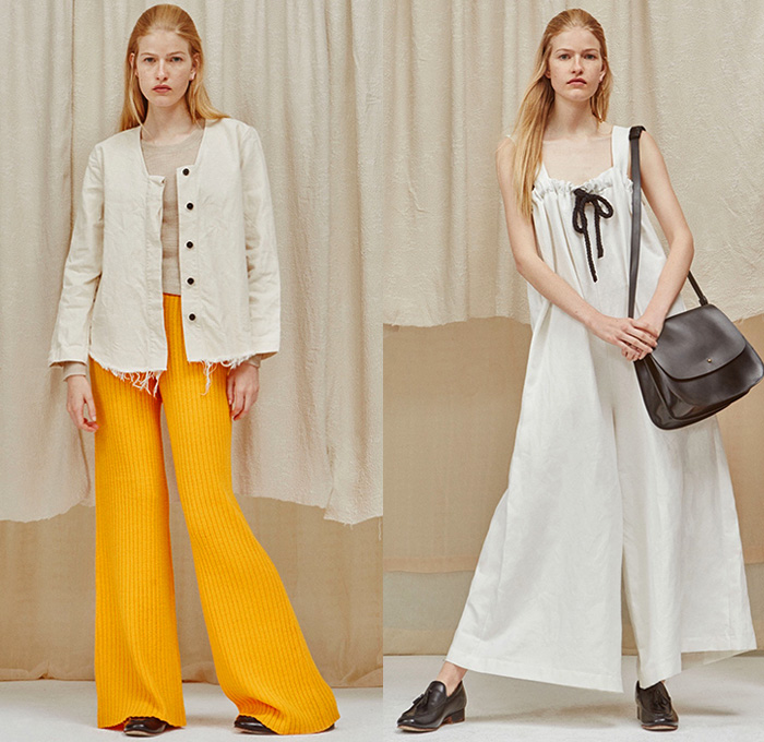 Creatures of Comfort 2016 Resort Cruise Pre-Spring Womens Lookbook Presentation - Denim Jeans Knit Sweater Jumper Stripes Pinstripe Dress Skirt Frock Raw Hem Outerwear Jacket Coat Wide Leg Trousers Palazzo Pants Blouse Strapless Ruffles Oversized Cardigan Tunic Loafers Multi-Panel Onesie Jumpsuit Coveralls