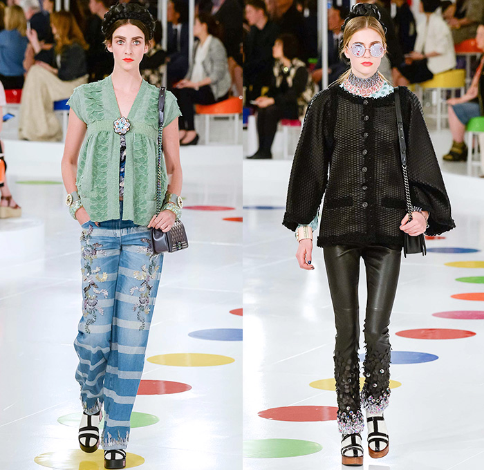 Chanel 2016 Resort Cruise Pre Spring Womens Runway Catwalk Looks Collection Designer Karl Lagerfeld Seoul South Korea - Patchwork Silk Pastel Beads Sequins Tweed Weave Buns Period Hair Ruffles Stripes Embroidery Adornments Bejeweled Sheer Chiffon Mesh Lace Denim Jeans Blouse Outerwear Coatdress Jacket Tiered Cardigan Wide Leg Palazzo Pants Shorts Maxi Dress Peter Pan Collar Asymmetrical Geometric Kimono Robe