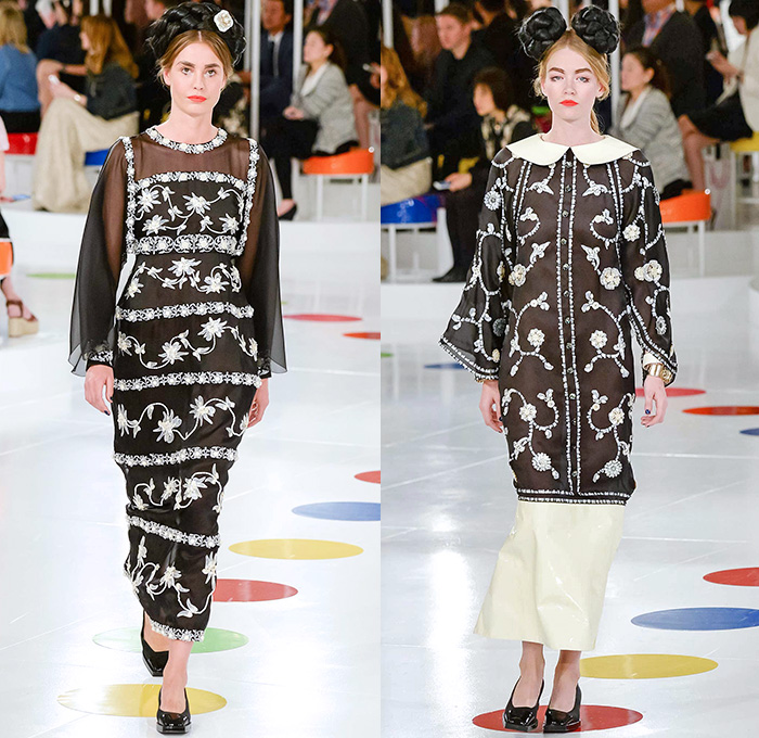 Chanel 2016 Resort Cruise Pre Spring Womens Runway Catwalk Looks Collection Designer Karl Lagerfeld Seoul South Korea - Patchwork Silk Pastel Beads Sequins Tweed Weave Buns Period Hair Ruffles Stripes Embroidery Adornments Bejeweled Sheer Chiffon Mesh Lace Denim Jeans Blouse Outerwear Coatdress Jacket Tiered Cardigan Wide Leg Palazzo Pants Shorts Maxi Dress Peter Pan Collar Asymmetrical Geometric Kimono Robe