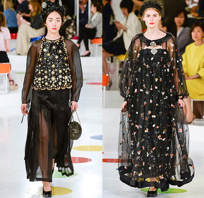Chanel 2016 Resort Cruise Pre Spring Womens Runway Catwalk Looks Collection Designer Karl Lagerfeld Seoul South Korea - Patchwork Silk Pastel Beads Sequins Tweed Weave Buns Period Hair Ruffles Stripes Embroidery Adornments Bejeweled Sheer Chiffon Mesh Lace Denim Jeans Blouse Outerwear Coatdress Jacket Tiered Cardigan Wide Leg Palazzo Pants Shorts Maxi Dress Peter Pan Collar Asymmetrical Geometric Kimono Robe