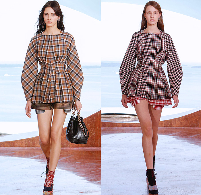 Christian Dior 2016 Resort Cruise Pre Spring Womens Runway Catwalk Looks Collection Designer Raf Simons - Pierre Cardin Bubble Palace French Riviera Cannes France - Gingham Plaid Tartan Check Foil Peplum Accordion Pleats Cargo Pockets Nipped In Embroidery Stripes Kilt Skirt Frock Miniskirt Tiered Silk Ruffles Halter Top Mesh Fauna Leaves Foliage Botanical Print Motif Blouse Outerwear Furry Coat Pantsuit Tankdress