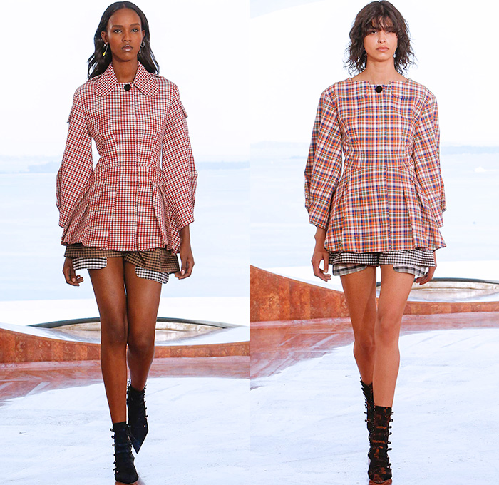 Christian Dior 2016 Resort Cruise Pre Spring Womens Runway Catwalk Looks Collection Designer Raf Simons - Pierre Cardin Bubble Palace French Riviera Cannes France - Gingham Plaid Tartan Check Foil Peplum Accordion Pleats Cargo Pockets Nipped In Embroidery Stripes Kilt Skirt Frock Miniskirt Tiered Silk Ruffles Halter Top Mesh Fauna Leaves Foliage Botanical Print Motif Blouse Outerwear Furry Coat Pantsuit Tankdress
