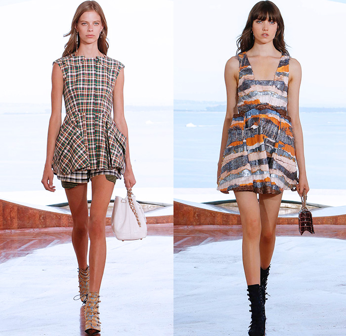 Christian Dior 2016 Resort Cruise Pre Spring Womens Runway Catwalk Looks Collection Designer Raf Simons - Pierre Cardin Bubble Palace French Riviera Cannes France - Gingham Plaid Tartan Check Foil Peplum Accordion Pleats Cargo Pockets Nipped In Embroidery Stripes Kilt Skirt Frock Miniskirt Tiered Silk Ruffles Halter Top Mesh Fauna Leaves Foliage Botanical Print Motif Blouse Outerwear Furry Coat Pantsuit Tankdress