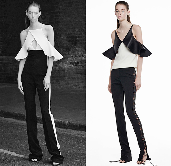 David Koma 2016 Resort Cruise Pre-Spring Womens Lookbook Presentation - Butterfly Halter Top Peplum Ruffles Lace Up Dress Pants Trousers Noodle Spaghetti Strap Blouse Crop Top Midriff Sleeveless Miniskirt Mesh Perforated Cutout Asymmetrical Hem High Slit