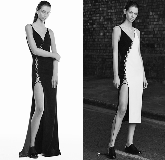 David Koma 2016 Resort Cruise Pre-Spring Womens Lookbook Presentation - Butterfly Halter Top Peplum Ruffles Lace Up Dress Pants Trousers Noodle Spaghetti Strap Blouse Crop Top Midriff Sleeveless Miniskirt Mesh Perforated Cutout Asymmetrical Hem High Slit