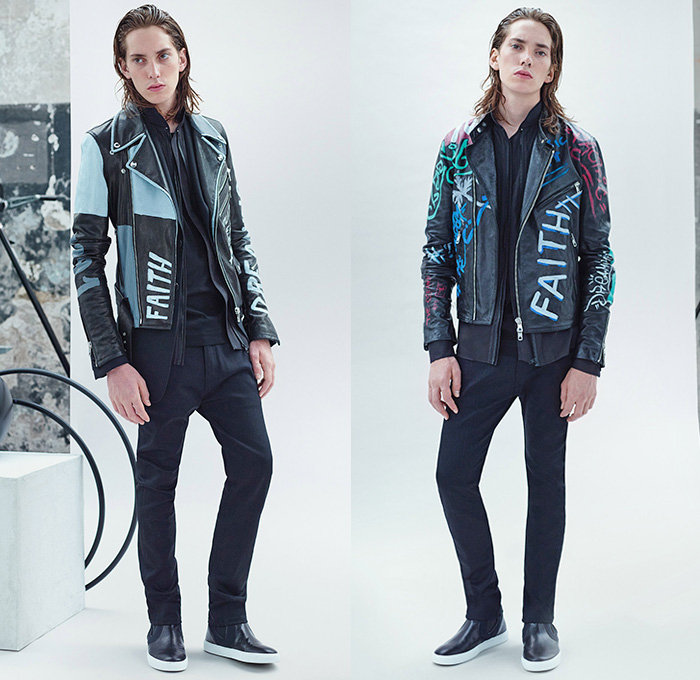 Diesel Black Gold 2016 Resort Cruise Pre-Spring Mens Lookbook Presentation - Moto Motorcycle Biker Rider Leather Racer Jeans Patchwork Pants Trousers Outerwear Parka Jacket Blazer Graffiti Waffle Quilted Sneakers Roll Up Sweatshirt Hoodie Illustration Graphic Print Backpack Skulls Sweatpants Jogger Knit Sweater Jumper Fanny Pack Waist Pouch